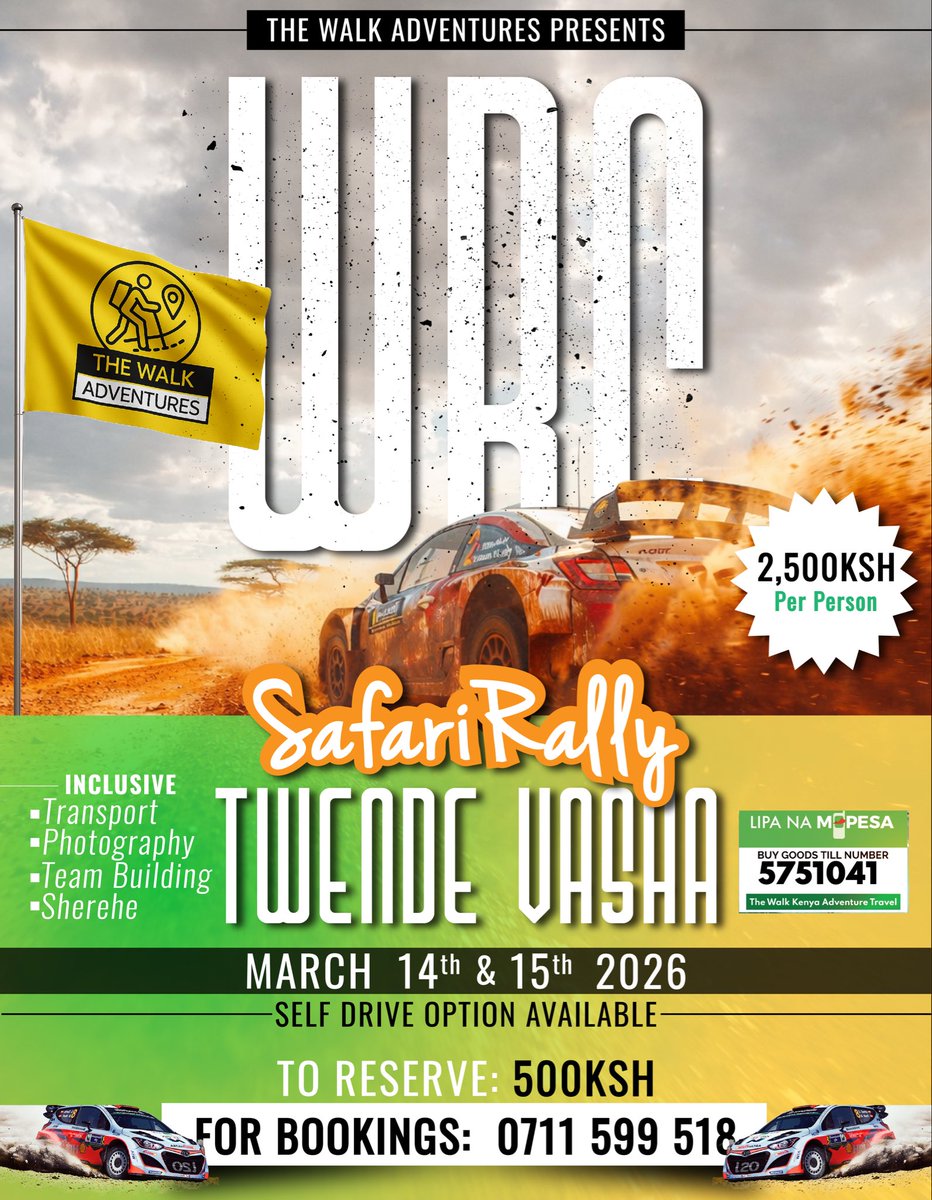 walkadventureKE's tweet photo. WRC Safari Rally – Twende Vasha! 🏁
Get ready for an unforgettable experience packed with raw speed, wild landscapes, and pure adventure.

🚗💨 What’s included:
✅ Transport
📸 Professional Photography
🤝 Team Building
🔥 Sherehe vibes all through

📍 Dates: March 14th & 15th, 2026
💰 Cost: KES 2,500 per person
🪙 Reservation: Only KES 500
🚙 Self-drive option available

📲 Book now: 0711 599 518
💳 Lipa na M-Pesa: Till Number 5751041

If you love dust trails, roaring engines, and unforgettable road-trip memories — this one’s for you.
TWENDE VASHA!

#thewalkadventures #WRC #Safarirally
