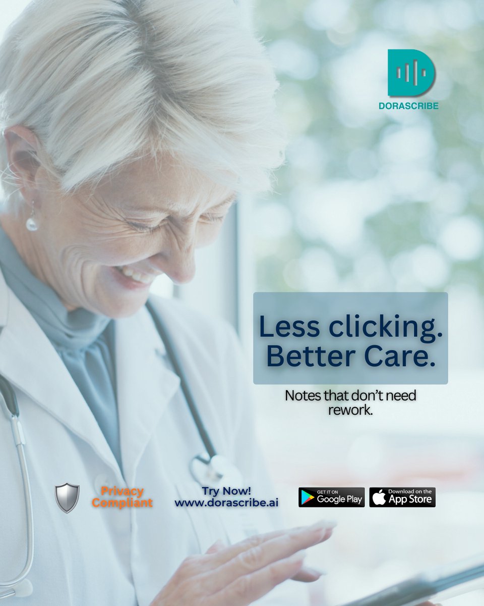 DorascribeInc's tweet photo. Less clicking. Less fixing.
Dorascribe creates clinician-ready notes during the visit—so you don’t have to clean them up later.
Chart once and move on.
👉 See Dorascribe live: https://t.co/hGg9rSEBHq
#AIScribe #SOAPNotes #HealthcareTech #Clinicians https://t.co/pglxPugWwq