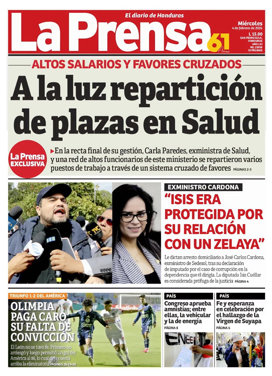 🇭🇳 | #𝐇𝐨𝐧𝐝𝐮𝐫𝐚𝐬
🗓 | #𝟒𝐃𝐞𝐅𝐞𝐛𝐫𝐞𝐫𝐨 —𝟐𝟎𝟐𝟔
📰 | Así amanecen hoy las #𝐏𝐨𝐫𝐭𝐚𝐝𝐚𝐬 de los principales #𝐌𝐞𝐝𝐢𝐨𝐬𝐃𝐞𝐂𝐨𝐦𝐮𝐧𝐢𝐜𝐚𝐜𝐢ó𝐧 del país.

💬 ¡#𝐅𝐞𝐥𝐢𝐳𝐌𝐢𝐞́𝐫𝐜𝐨𝐥𝐞𝐬𝐀𝐓𝐨𝐝𝐨𝐬!

——— 🧵 Deslizá el hilo