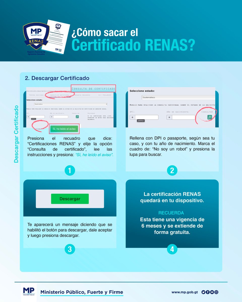 MPguatemala's tweet photo. ¿Sabes cómo sacar el certificado RENAS? 🤔
📄 Aquí te contamos el paso a paso para obtenerlo de forma fácil y rápida ✔️
#RENAS
#MPfuerteYfirme 💪 https://t.co/cQSiT2dsLh
