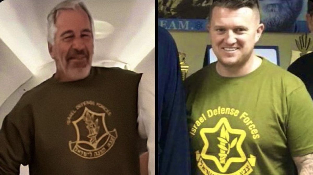 smile2jannah's tweet photo. Look, Tommy Robinson and child abuser Jeffrey Epstein wearing matching t-shirts. 
Same team? Same owner? https://t.co/aR3gbMLXi1