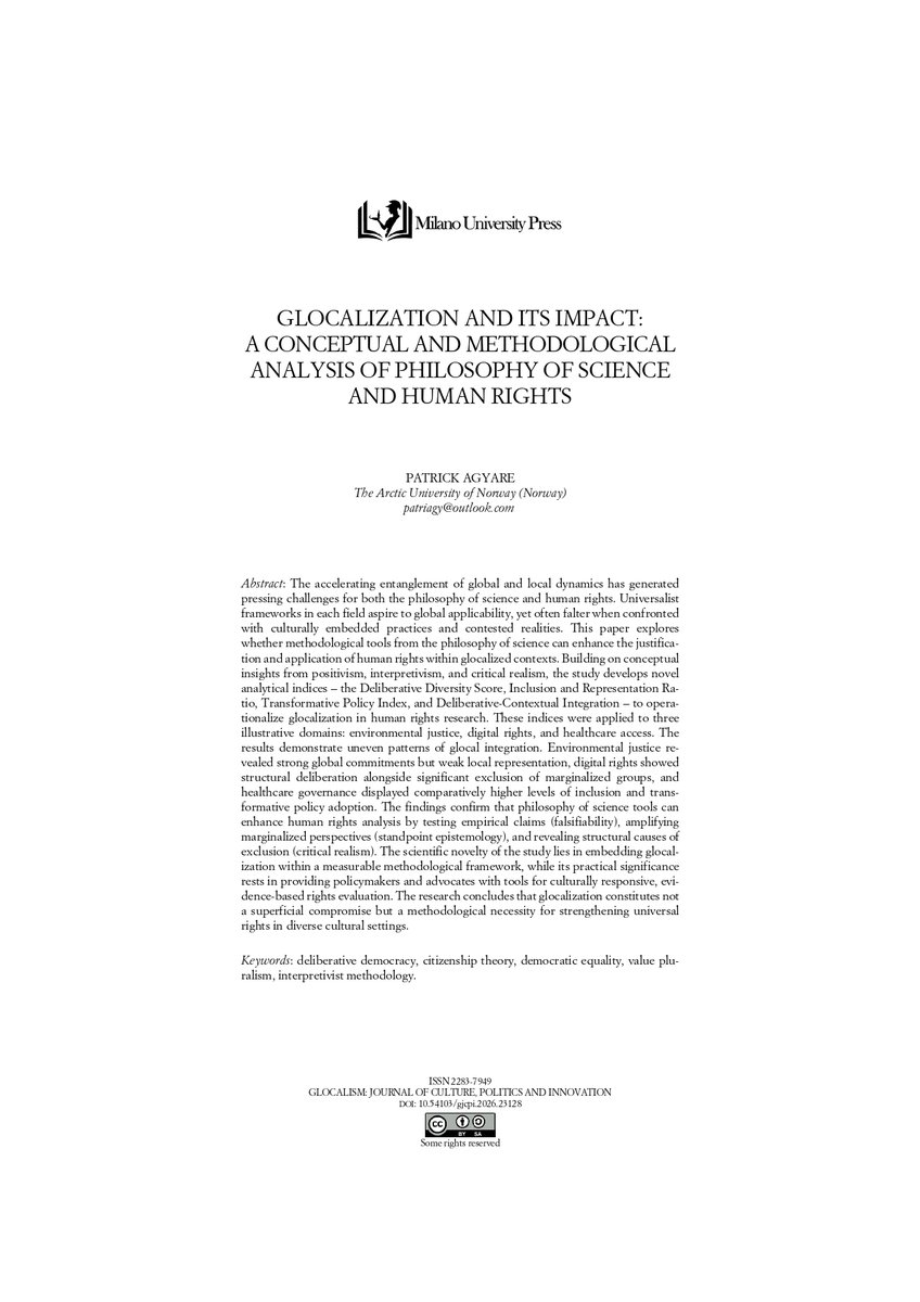 NEW ARTICLE! GJ Latest Articles, Glocalization and its Impact: a Conceptual and Methodological Analysis of Philosophy of Science and Human Rights, by P. Agyare 👉🏼 riviste.unimi.it/index.php/gloc… #Democracy #citizenship