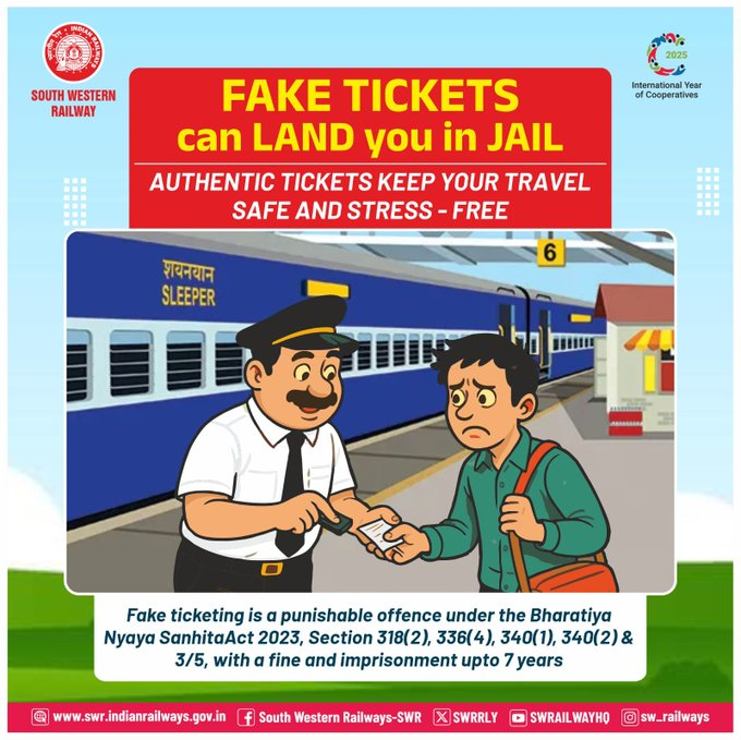 drmubl's tweet image. 🚫 Fake Ticketing Is a Punishable Offence !  Always book tickets from authorised sources and carry a genuine, valid ticket. Choose the right way to travel honestly, safely, and responsibly. 📷 #IndianRailways #RailwaySafety #ResponsibleRailYatri