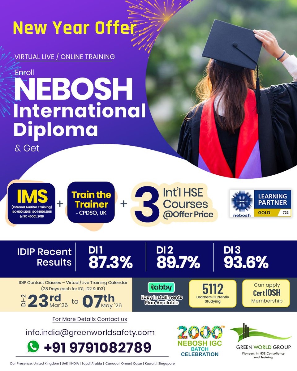 greenwgroup's tweet image. Looking to move into senior HSE leadership roles?
The NEBOSH International Diploma (IDIP) is one of the most respected qualifications for safety professionals worldwide.
greenwgroup.co.in/training-cours…
#NEBOSH #IDIP #SafetyCareer #HSEProfessionals #GreenWorldGroup
