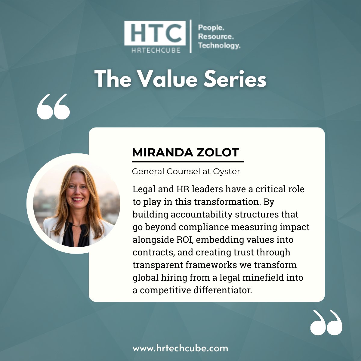 HrTechCube's tweet image. Global hiring becomes a competitive edge when trust goes beyond compliance. Miranda Zolot of @HeyOyster  shows how transparency and accountability turn legal complexity into strength.

#quotes #htc #globalhiring #oyster #Compliance