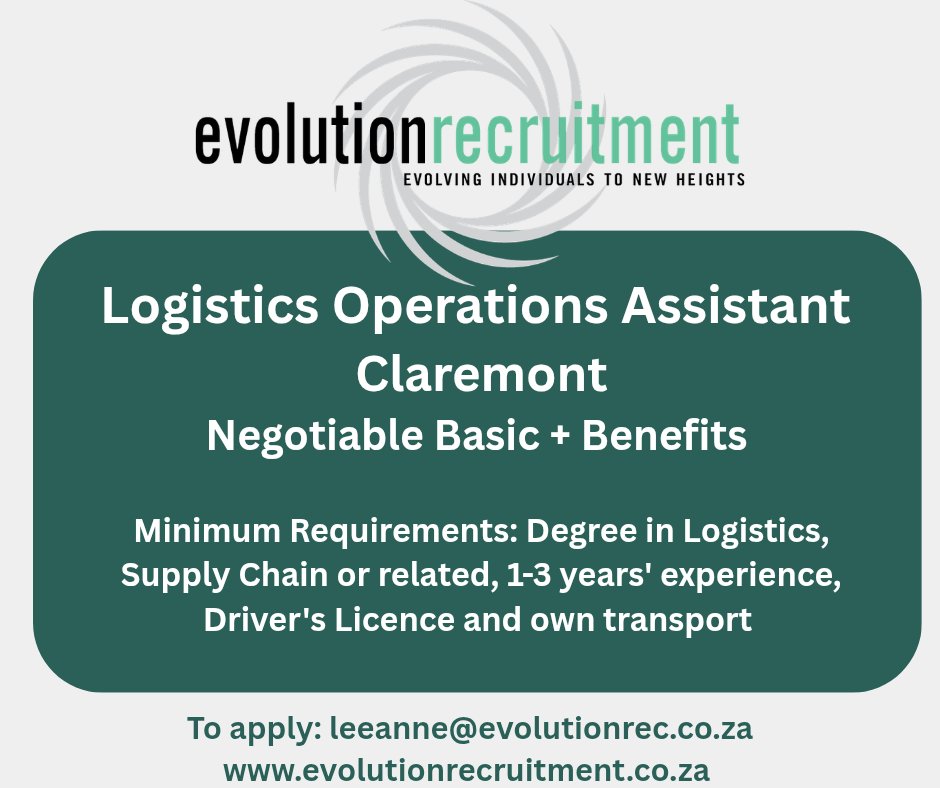 RecruitEvolve's tweet image. Logistics Operations Assistant, Claremont, Neg Basic + benefits

Min Req:  Degree in Logistics / Supply Chain, 1-3 yrs' related experience, drivers licence &amp;amp; own transport

Full job spec:  bit.ly/LogisticsOpsAs…

#LogisticsJobs #shippingcontainers #recruitmentagency #recruiter