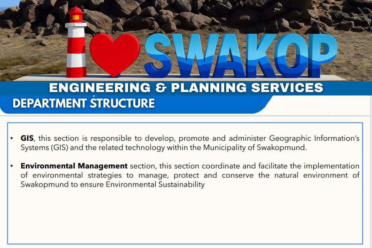 KNOW YOUR DEPARTMENTS 

Today we spotlight the remaining Engineering Services sections:

- Water &amp; Sewer
- Works
- Aerodrome
- GIS
- Environmental Management

Keeping Swakopmund safe, functional and well planned.
 #ILoveSwakopmund #TheCentreOfAdventure