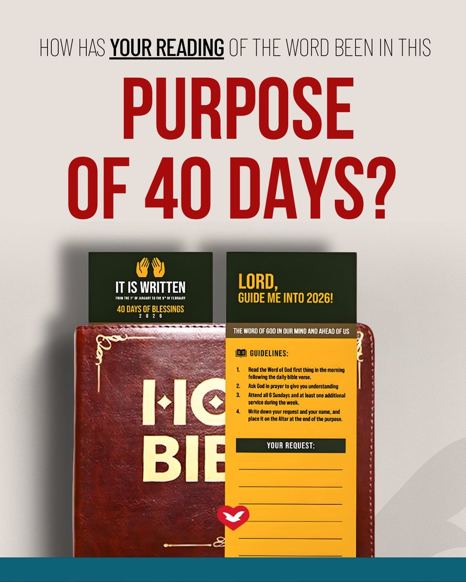 uckgaussie's tweet image. The #40DayPurpose's goal is meditating on verses from the Holy Scriptures daily.

In doing so, you will learn to hear God's voice and allow Him to guide you in everything you do in 2026.

Share your experience below💬

 #BibleReading #TimeWithGod #ItIsWritten #UniversalChurch