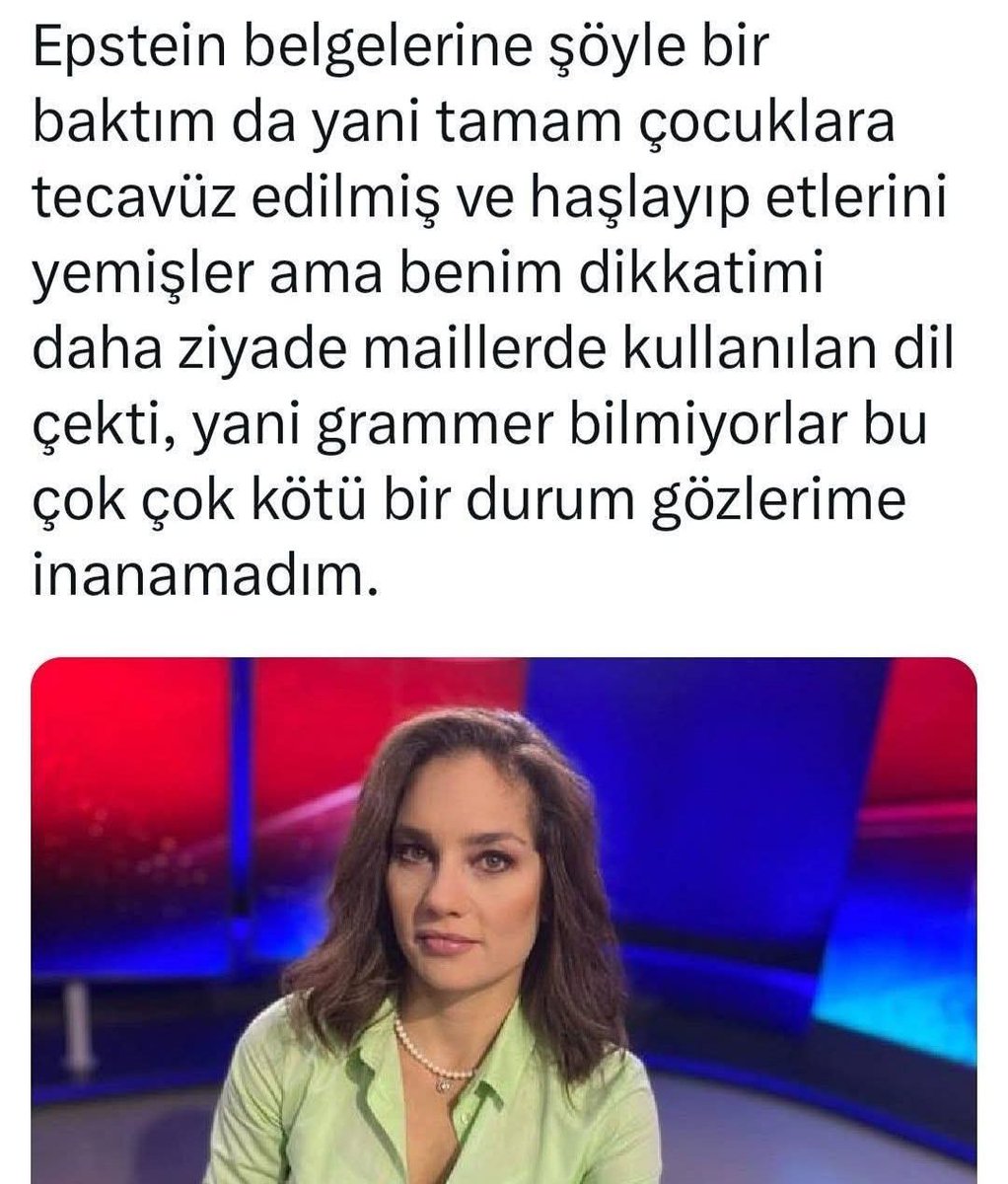 Bazı insanların öncelikleri insanı gerçekten hayrete düşürüyor.
Gaflar kraliçesi (prensesi mi demeliydim?) Nevşin Mengü yapmış yapacağını!
Herkes Epstein bağlantılı canavarlığı tartışırken, hanımefendi, bu barbarların İngilizce yazım kurallarına uymayışına takılmış! <a href="/nevsinmengu/">nevsin mengu</a>