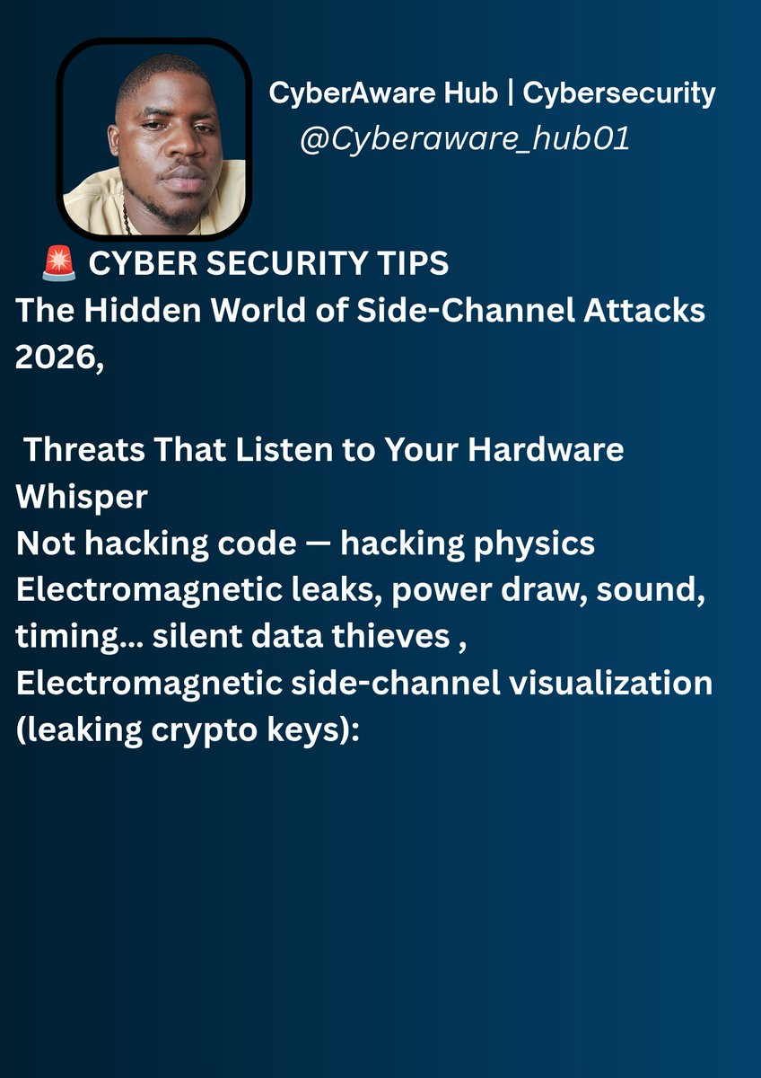 Dozie_101's tweet photo. 🚨2026 hidden threat: side-channel attacks.
Your device's power draw, EM leaks, cache timing, keyboard sounds → stealing keys without touching software.
Rarely discussed. Insanely hard to detect.
Time to think physical. https://t.co/VEMYv06mnC