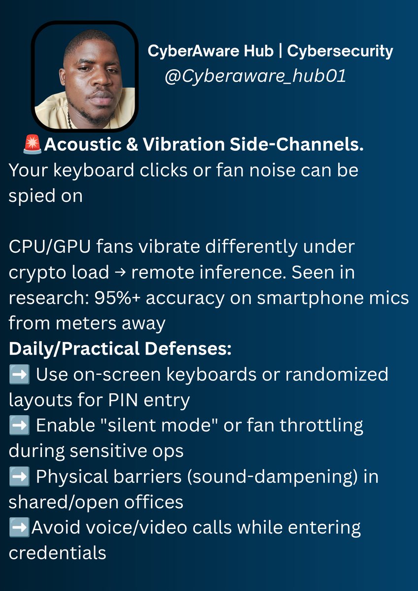 Dozie_101's tweet photo. 🚨2026 hidden threat: side-channel attacks.
Your device's power draw, EM leaks, cache timing, keyboard sounds → stealing keys without touching software.
Rarely discussed. Insanely hard to detect.
Time to think physical. https://t.co/VEMYv06mnC