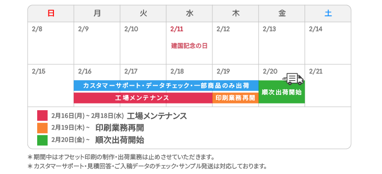 printmon_jp's tweet photo. 【2026年冬季工場メンテナンス休業のお知らせ】 
2026年2月16日(月)～18日(水)の期間は誠に勝手ながら、工場メンテナンス休業のため、制作および出荷はございません。 
それに伴いまして期間中のご注文は納期日数（出荷予定日カウント）に含まれません。  

何卒ご理解とご協力をお願い申し上げます。 https://t.co/D9AlVnuHUz