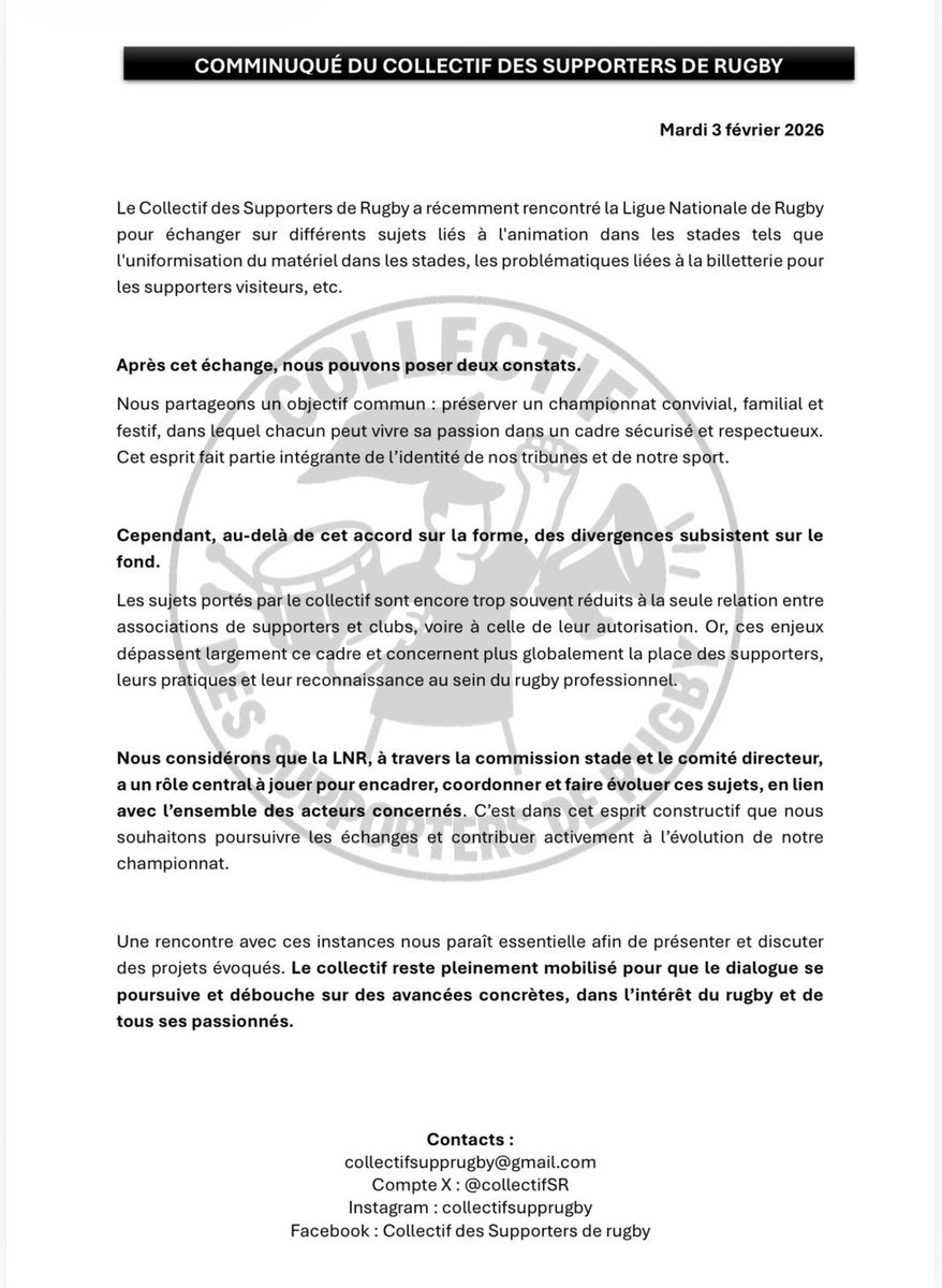 𝐂𝐨𝐦𝐦𝐮𝐧𝐢𝐪𝐮𝐞́ : Le collectif des supporters de rugby rencontre la LNR