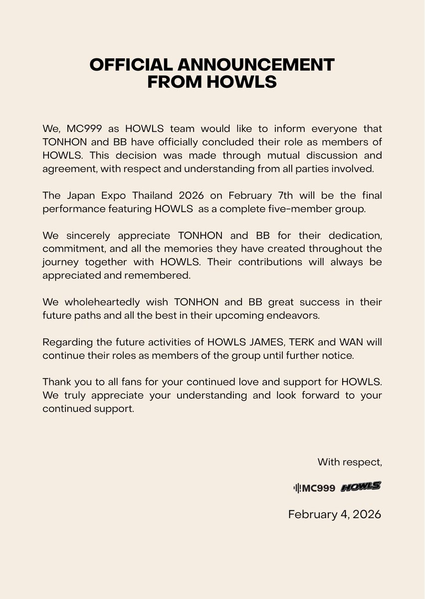 HOWLS_OFFICIAL's tweet image. แถลงการณ์การยุติบทบาทสมาชิกวง HOWLS ของ ต้นหน และ บีบี
_________

Official Statement Regarding TONHON and BB Departure from HOWLS

#HOWLS_TH #MC999