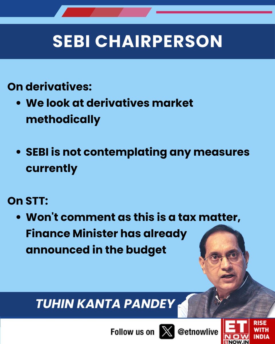 ETNOWlive's tweet photo. "This is a Tax matter" SEBI Chairperson Tuhin Kanta Pandey refuses to comment on STT
#STThike @SEBI_updates https://t.co/BirqFrT8Yj