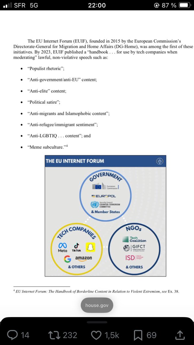 FrDesouche's tweet photo. Du contenu légal doit être « modéré » d’après le manuel de l’UE sur le contenu borderline, par les plateformes avec l’appui d’ONG biaisées ou de fact-checkers, comme par exemple : 

Rhétorique populiste
Contenu anti-gouvernement / anti-UE
Contenu anti-élite
Satire politique
Contenu anti-migrants et islamophobe
Sentiment anti-réfugiés / anti-immigration
Contenu anti-LGBTIQ+
Culture des mèmes