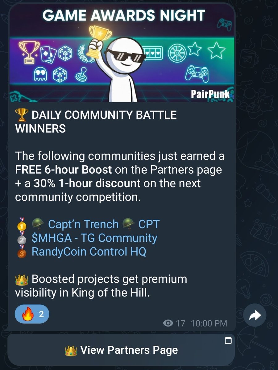 Every day 3 most active communities are being announced at the end of the community battles to win an exposure boost on PairPunk.

Join by adding the Game bot for your community: t.me/PairPunkGames_…