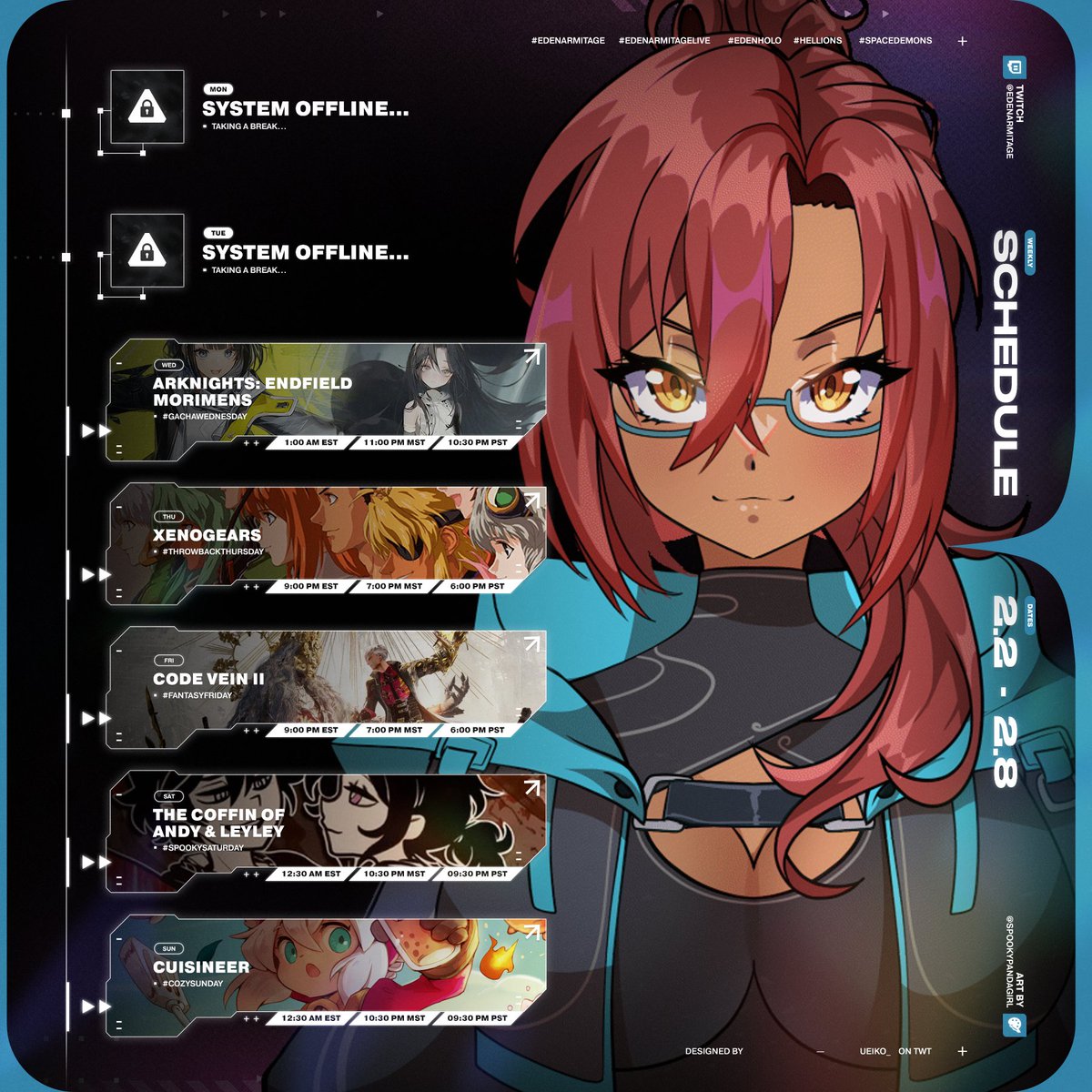 EdenArmitage's tweet image. 🩵 SCHEDULE 🩵  
[Week 2/2 - 2/8 (MST Time!)]
Schedule for the week is up! See you all in stream, Hellions!

☄️: #EdenArmitage
✨: #Hellions, #SpaceDemons
🎨: #EdenHolo
🎥: #EdenArmitageLive

Twitch: twitch.tv/edenarmitage
YouTube: youtube.com/@studioeden2