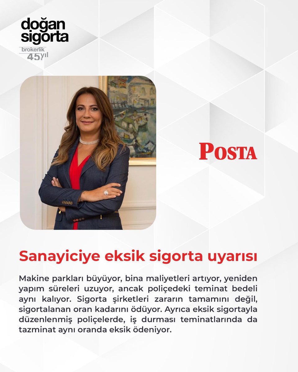 Doğan Sigorta Brokerlik CEO’su Selcen Gür, Posta Gazetesi’ne verdiği röportajda sanayicileri eksik sigorta riskine karşı dikkatli olmaya davet etti.
.
#doğansigortabrokerlik #eksiksigorta