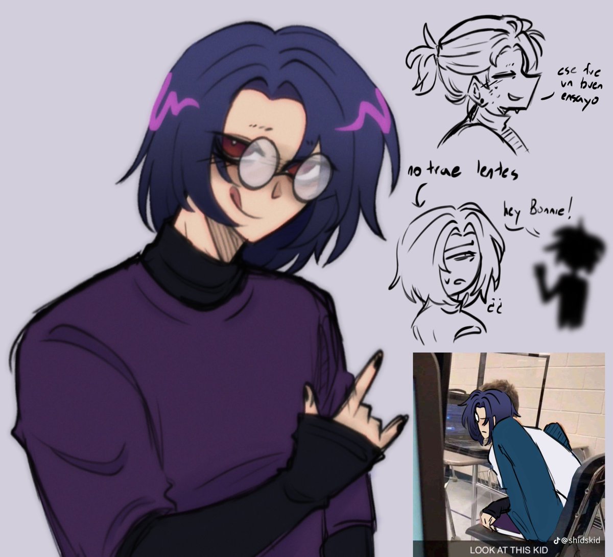 – no tiene cejas, se las depilo xq perdió una apuesta con Aiden
– necesita usar lentes xq tiene fatiga visual 
- es el loco que usa manga larga / sueteres SIEMPRE
– se sienta con una mala postura o en posiciones raras, dice que solo así esta comodo
#FHS #FNAFHS