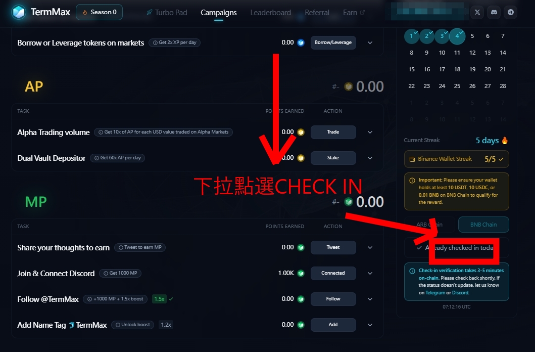 ksbitcoinlife's tweet photo. 老 K 回鍊上撸毛｜TermMax × 幣安錢包 連續打卡任務教學

老 K 自從在交易所撸毛之後，
老實說鏈上的撸毛就很少碰了。
但最近行情大家都懂——
不上不下、山寨不動，新項目也不太上。
盯盤盯到懷疑人生，還不如回來走點鏈上老路，
至少有事做、心不會那麼空。

這次就先從 TermMax 聯名幣安錢包的專屬任務 開始。
為什麼是 TermMax？
TermMax 最近其實蠻火的，
對標的是前段時間很熱的 River。
網路上是有在傳項目方好像有點爭議，
但老 K 一向的原則很簡單：

有幣安背書的，至少風險下限比較明確。

不敢說穩賺，但「做做看」是可以的，
反正這個任務幾乎是 0 成本撸毛。

任務重點先講
一句話版本：

用幣安錢包，在 TermMax 網頁版連續打卡 5 天。
沒連續＝白忙一場，
這個是重點，先記住。

實際操作教學（照這樣做）

① 只能用「網頁版」
這個任務 手機 App 做不了。

你要先到 幣安錢包官網
下載「幣安錢包瀏覽器插件」，
然後 倒入你原本的幣安錢包。

（不是新錢包也沒關係）

② 進入 TermMax 主網

打開 TermMax 官方主網後：
連結你的 幣安錢包

找到並點選 LEADERBOARD
③ Check in 打卡

網頁往下滑，
右手邊會看到一個 Check in 的按鈕。

點下去
錢包授權合約
如果沒有顯示「已打卡」，
 多點幾次沒差，Gas 超便宜。

④ 最重要的一點

⚠️ 必須連續打卡 5 天
中斷＝任務失敗＝白撸。

設鬧鐘吧，別跟錢過不去。

老 K 的碎念補充

任務真的很簡單

幾乎沒消耗，等於 0 撸

打卡超過 5 天也會累積 AP 積分
只花一點點 BNB Gas fee

老 K 反正有空就會繼續打下去，
順便偶爾嘴撸一下 MP 積分，
當作行情爛時的精神寄託。

最後一句
最近如果大家有什麼
👉 必撸
👉 不踩雷
👉 不用燒錢

的項目，也可以丟給老 K，
互相活下去比較重要。#TermMaxFi just integrated Ondo Finance's tokenized stocks. Borrowing against these assets on #BNBchain with locked rates.
Catch the wave: 🐬
https://t.co/I33AqQE8YN