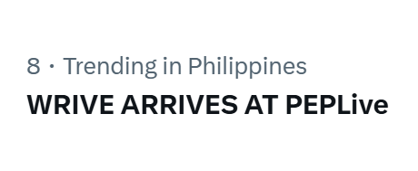 teamwriveofc's tweet photo. We are now trending at the eighth spot! Thank you ARROWs, keep on tweeting. 🩵

WRIVE ARRIVES AT PEPLive
#WRIVEONPEPLIVE
#WRIVE_1stAlbum #WRIVE 
@WRIVEPH @PEPalerts https://t.co/wDZur6FZif