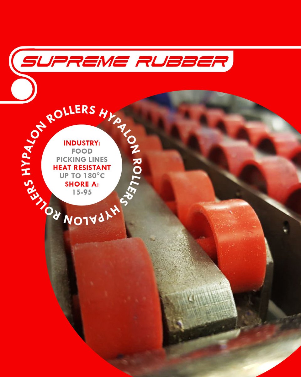 SupremeRubber's tweet image. Designed for food picking lines, Hypalon rollers offer heat resistance up to 180°C, Shore A 15-95, and superior protection against abrasion, ozone, and harsh chemicals, including oxidising acids, reliably performing.

#supremerubber #rubberrollers #hypal supremerubber.co.za