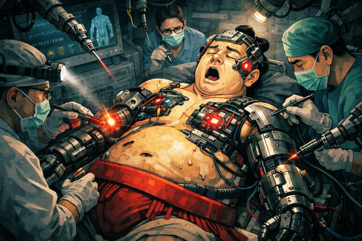 nyan1_2_3_5's tweet image. デビュー戦前の稽古中に
高所から落下し、危篤状態の #SMO🥺

魔改造による蘇生処置で
サイボーグ力士として復活し、
デビューする予定です。

#現状を整理してみた
#SMO
#Sumocoin