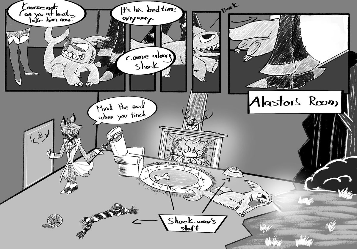 HellasLost's tweet photo. P 9-10 of #RadioStatic comic “pet-sitting”. Next pages are outlined, and we entering some melancholy territory #HazbinHotel #HazbinHotelVox #HazbinHotelAlastor https://t.co/cH2hVGEOYY