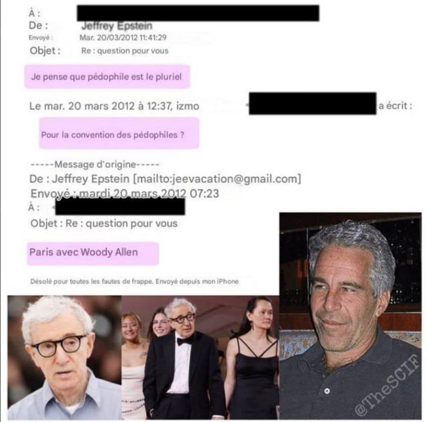 🇺🇸 L'attore #Woody Allen è menzionato nelle e-mail di #Epstein, come avendo assistito ad una "CONVENZIONE DI PEDOFILIA" a Parigi.

#EpsteinFiles