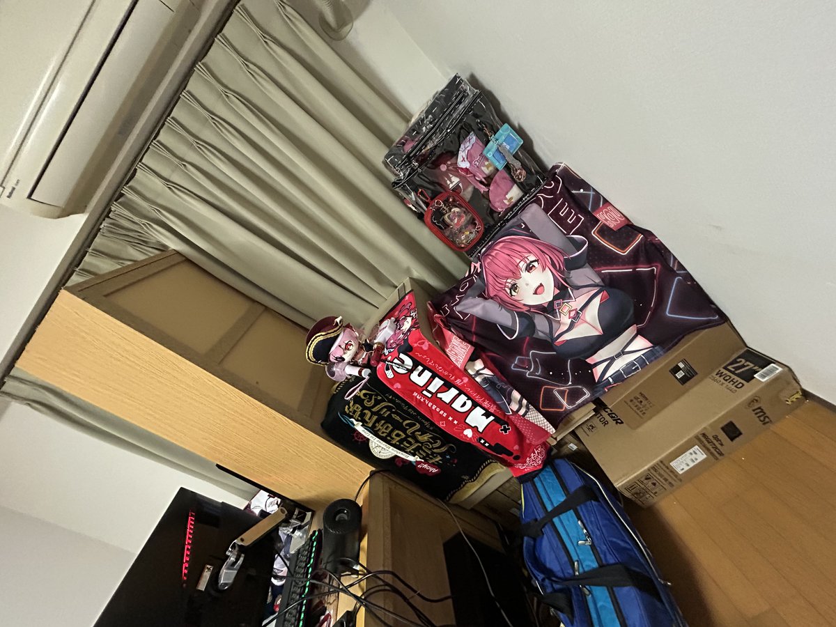 Ta2ki1023's tweet photo. #ホロライブ
 #宝鐘マリン
 #マリン船長みて

たかが2ヶ月の出張(マリンの愛知県)に来るだけでも持ってこれるグッズ達とPC周り持ち込む一味です🏴‍☠️☠️
また2ヶ月後にこれ包んで発送すると思うと発狂。。。 https://t.co/1j0w3l6QPO