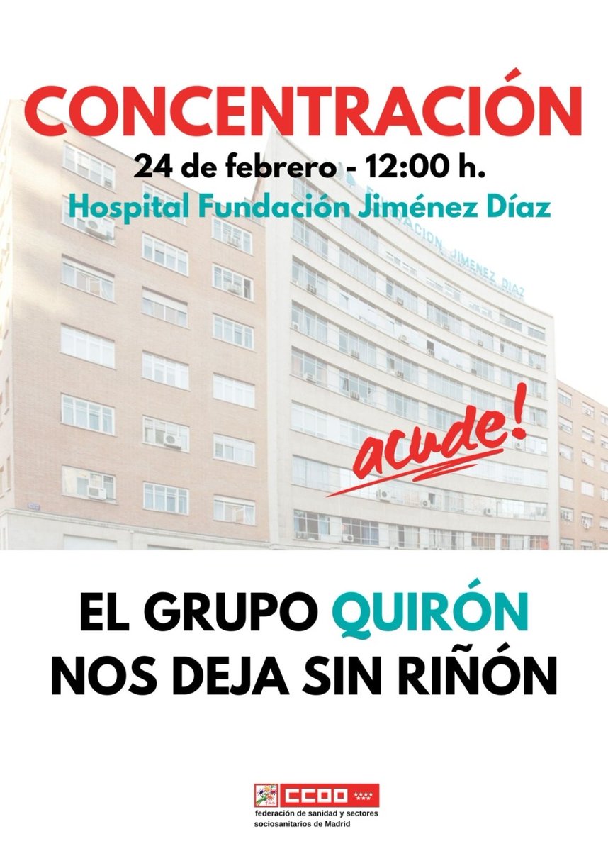 Buenos días! Seguimos con las movilizaciones, la próxima en la Fundación Jiménez Díaz. Os esperamos! #ccoosemueve