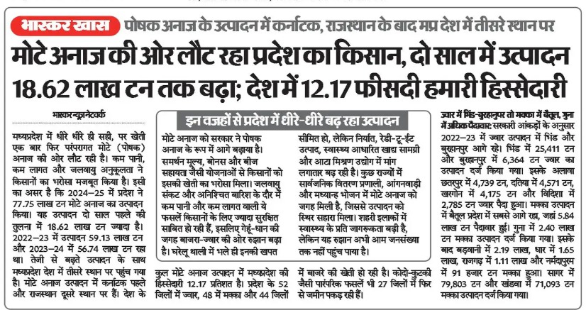 minmpkrishi's tweet image. 🌾मोटे अनाज में मध्यप्रदेश की बड़ी छलांग 
---
✅ प्रदेश में मोटे अनाज (पोषक अनाज) की खेती की ओर बढ़ रहा रुझान
✅ 2 साल में उत्पादन बढ़कर 18.62 लाख टन तक पहुंचा
✅ देश के कुल उत्पादन में 12.17% हिस्सेदारी
✅ कर्नाटक, राजस्थान के बाद मध्यप्रदेश तीसरे स्थान पर

#Millets #ShreeAnna