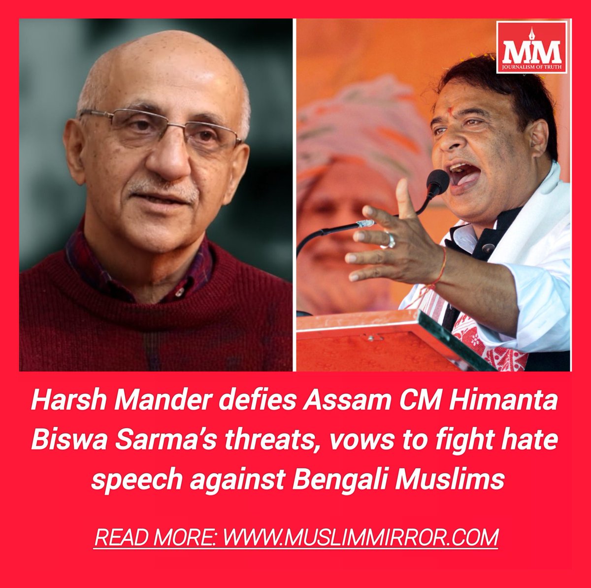 MuslimMirror's tweet image. Harsh Mander defies Assam Chief Minister’s threats, vows to fight hate speech against Bengali Muslims

Read more: bit.ly/4thKWj2

#AssamCM, #HateSpeech, #HarshMander, #BengaliMuslims