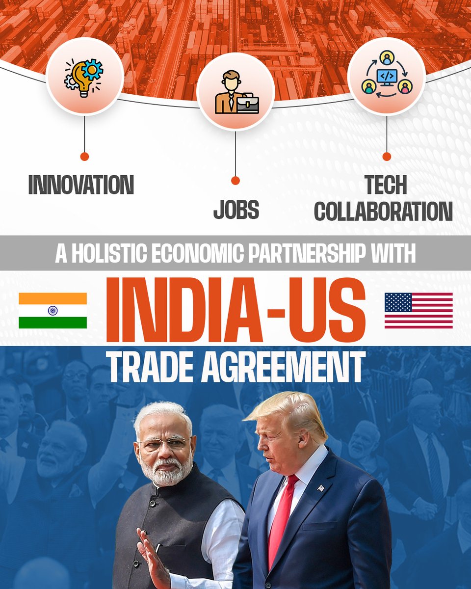 DoT_India's tweet photo. India–US Trade Agreement.
A stronger economic partnership ahead, boosting tech trade, driving innovation, creating jobs opportunities, and enabling trusted technology collaboration between India and the US.
#IndiaUSTrade #EconomicPartnership #TechTrade #Innovation #JobGrowth #TrustedTechnology #DoT
@JM_Scindia @PemmasaniOnX @PMOIndia @pib_comm @PIB_India @DDNewslive