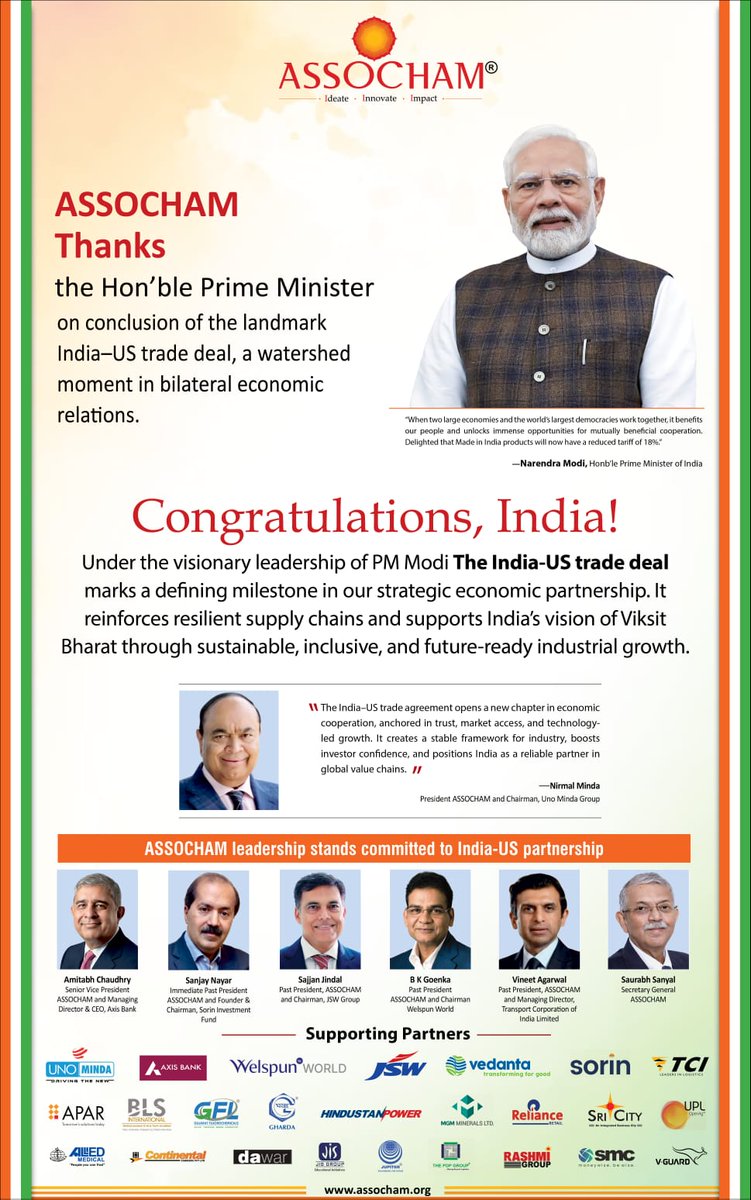 AlankritaSoni's tweet photo. Strengthening the "India-US" bridge. Better tariffs, better trade, better future. #IndiaUSTradeDeal @ASSOCHAM4India https://t.co/XOMzxpvnjP