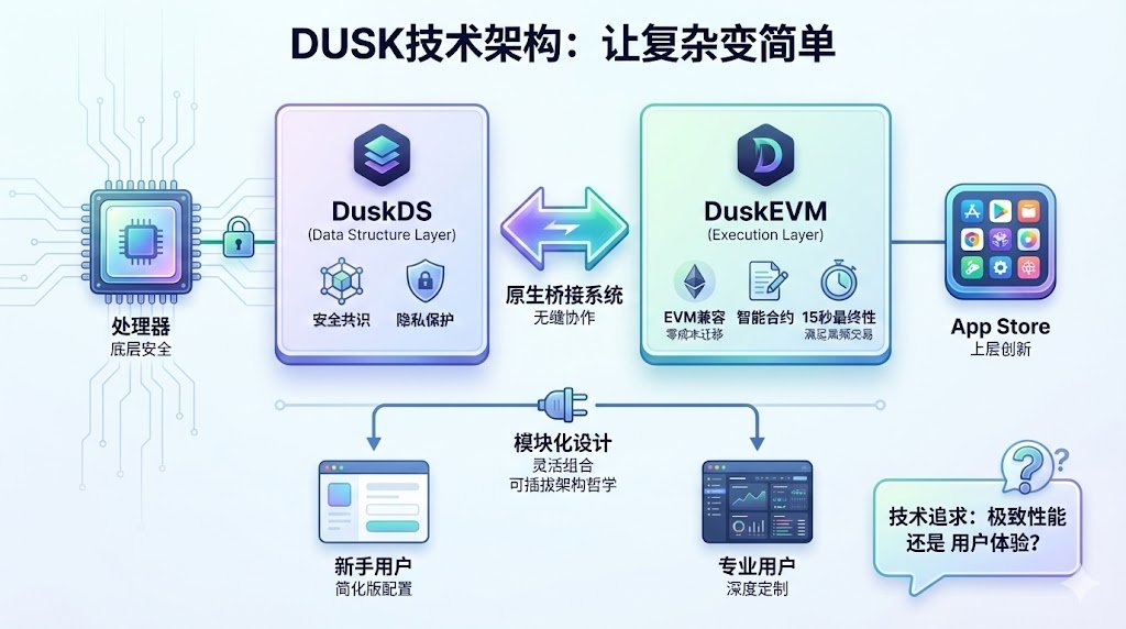 yups807's tweet photo. DUSK的技术架构不只是技术堆砌，而是一套"让复杂变简单"的工程哲学。DuskDS+DuskEVM的双层设计就像把iPhone的处理器和App Store分开——既保证底层安全，又支持上层创新。@duskfoundation $DUSK #Dusk https://t.co/PUH4Cymfjl