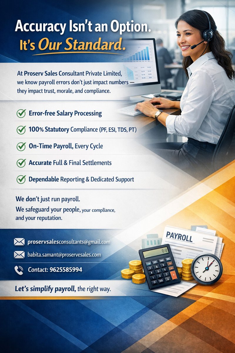 Proserv_Sales's tweet photo. 💼 Accuracy Isn’t an Option. It’s Our Standard. At Proserv Sales Consultant Private Limited, we know payroll errors don’t just impact numbers they impact trust, morale, and compliance.

#PayrollOutsourcing #PayrollAccuracy #HRCompliance #ComplianceMatters #Proserv #TrustedPayroll https://t.co/LCXqE356kr