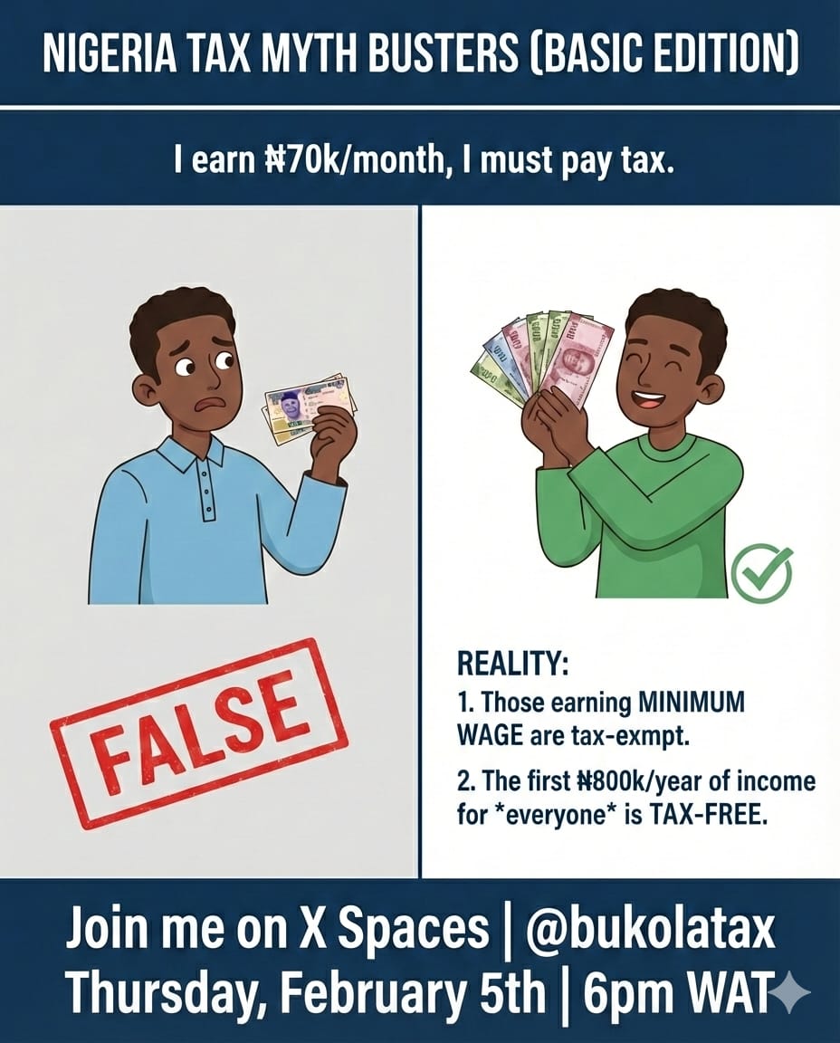 BukolaTax's tweet photo. Join me tomorrow 6pm here as we discuss how the tax laws relate to every Nigerian resident. https://t.co/a8LNrOUnfm