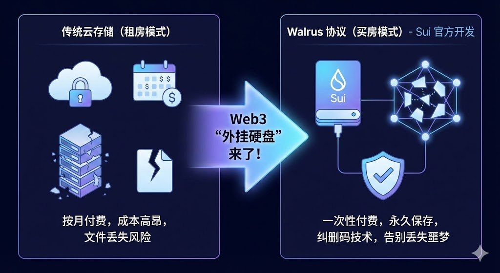 yups807's tweet photo. Sui官方团队开发的Walrus协议，解决了一个被忽视的大问题——链上数据存储成本太高。传统云存储像租房，存储成本按月扣；Walrus像买房，数据永久保存还便宜。用纠删码技术，把文件切片存储，即使部分节点挂掉也能完整恢复。简单说，就是让Web3应用告别"文件丢失"噩梦。@walrusprotocol $WAL #Walrus https://t.co/yymLeStJqm