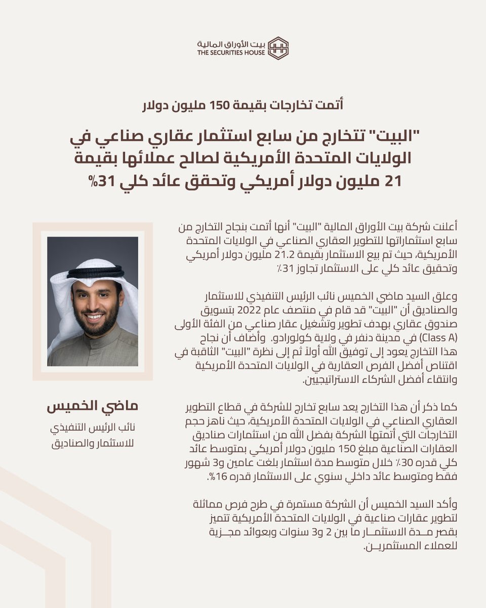 SecuritiesHouse's tweet photo. أعلنت شركة بيت الأوراق المالية "البيت" أنها أتمت بنجاح التخارج من سابع استثماراتها للتطوير العقاري الصناعي في الولايات المتحدة الأمريكية، حيث تم بيع الاستثمار بقيمة 21.2 مليون دولار أمريكي وتحقيق عائد كلي على الاستثمار تجاوز 31٪. https://t.co/1GES1NRGDp