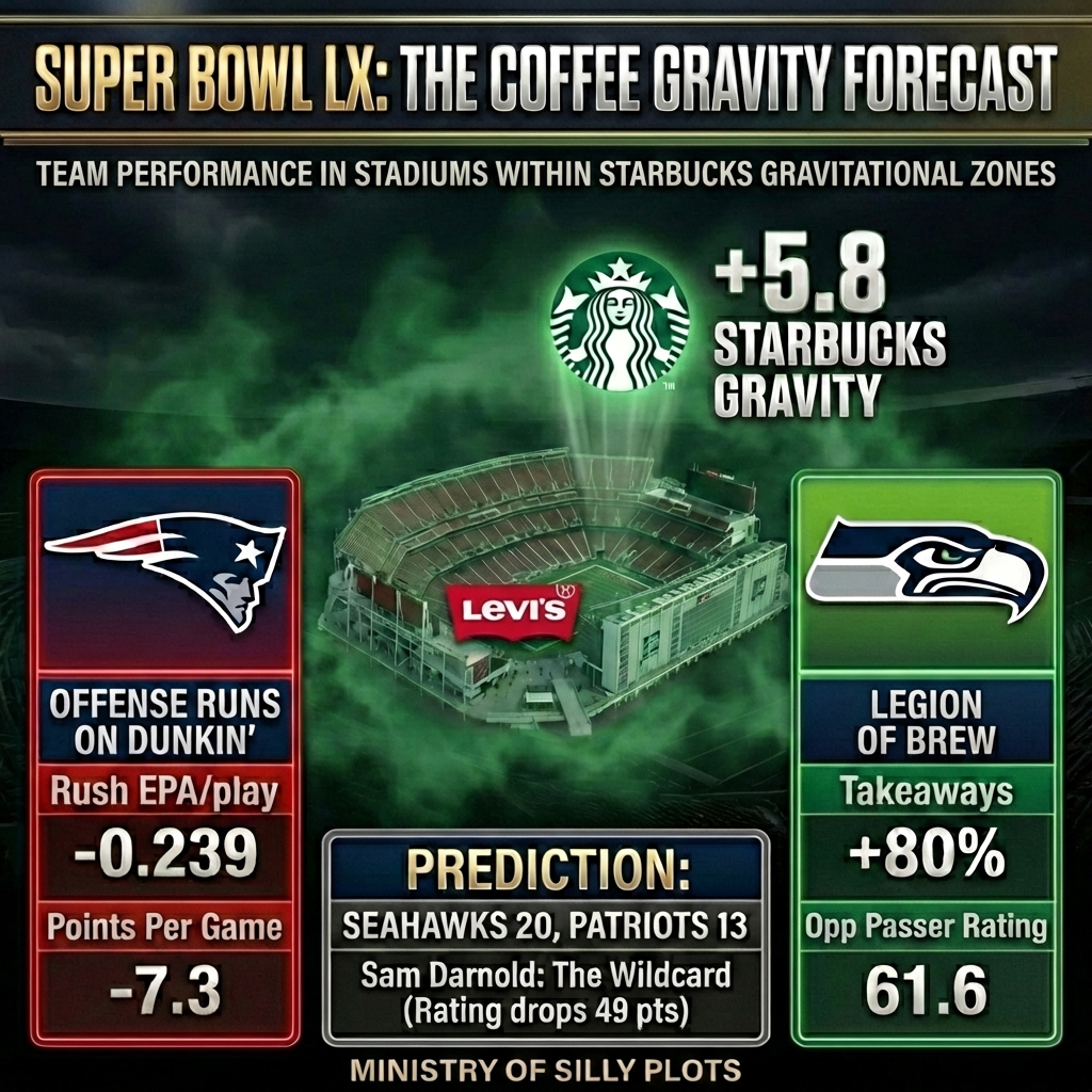 sillyplots's tweet photo. With Levi's Stadium squarely in Starbucks territory, our analysis favors a Seahawks defensive victory.

The Pats run game will struggle to find their footing, and the Legion of Brew will force at least one turnover, making up for Darnold's inefficiency.

Seahawks 20, Patriots 13 https://t.co/FyrFrWYh0f