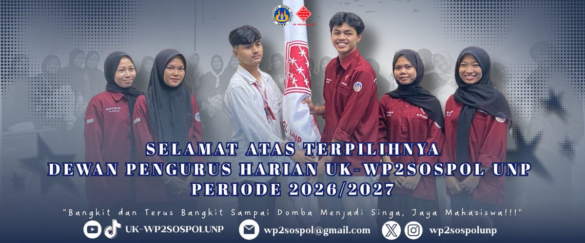 wp2sospolunp's tweet photo. [DEWAN PENGURUS HARIAN UK-WP2SOSPOL UNP PERIODE 2026/2027]

Alhamdulillah telah terpilih Dewan Pengurus Harian UK-WP2SOSPOL UNP Periode 2026/2027 dengan nama sebagai berikut:
1. Abdul Hamid Gusri
2. Diya Yandari
3. Helni Syopiani

Semoga amanah dalam menjalankan tugasnya. https://t.co/i06SVxm2SZ