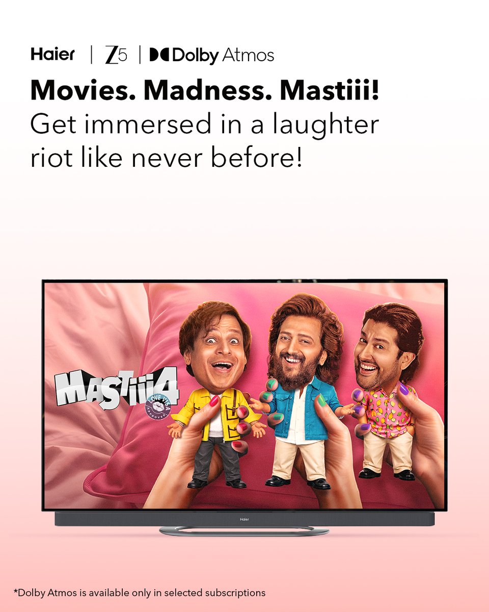 DolbyIn's tweet photo. Let the masti and the laughter immerse you in #DolbyAtmos, on @IndiaHaier.
Tune into #Mastiii4, now streaming on @ZEE5India. #LoveMoviesMoreInDolby https://t.co/G8euPFx5Ee