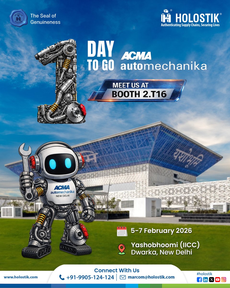 Just 1 Day to Go!

Holostik is all set to participate at ACMA Automechanika New Delhi 2026.

See you tomorrow at the show floor.

📌 Booth 2.T16 | Hall 2
📍  Yashobhoomi (IICC), New Delhi
📅 5–7 February 2026

#BrandProtection #AntiCounterfeiting #Holograms #Labels #Packaging