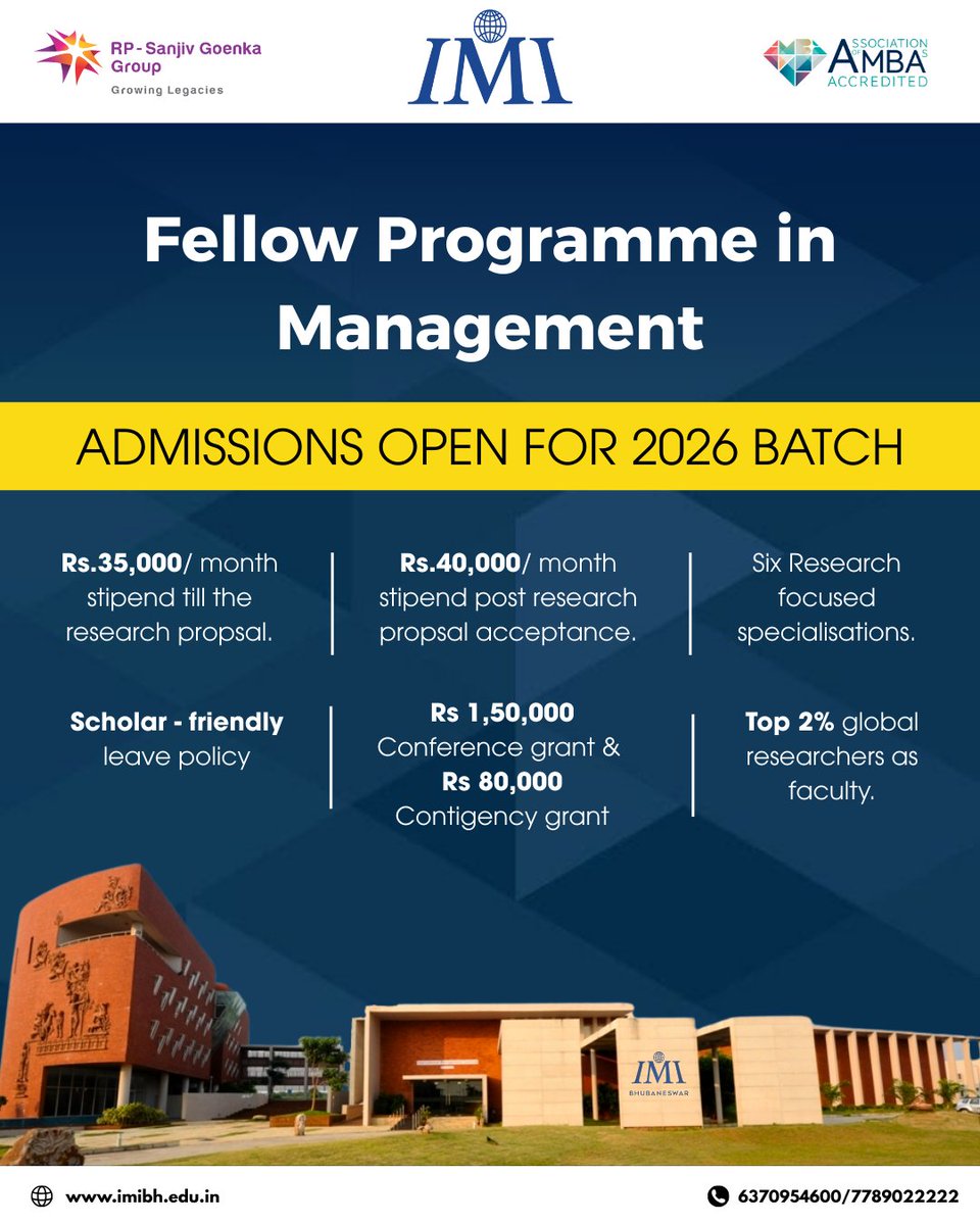 IMI_Bhubaneswar's tweet image. Admissions are open for the IMI Bhubaneswar Fellow Programme in Management (FPM) 2026 batch. If you’re looking for top-tier mentorship and a research-driven environment, this is your call to action. #imi #imib #imibhubaneswar #futureforwardwithimib