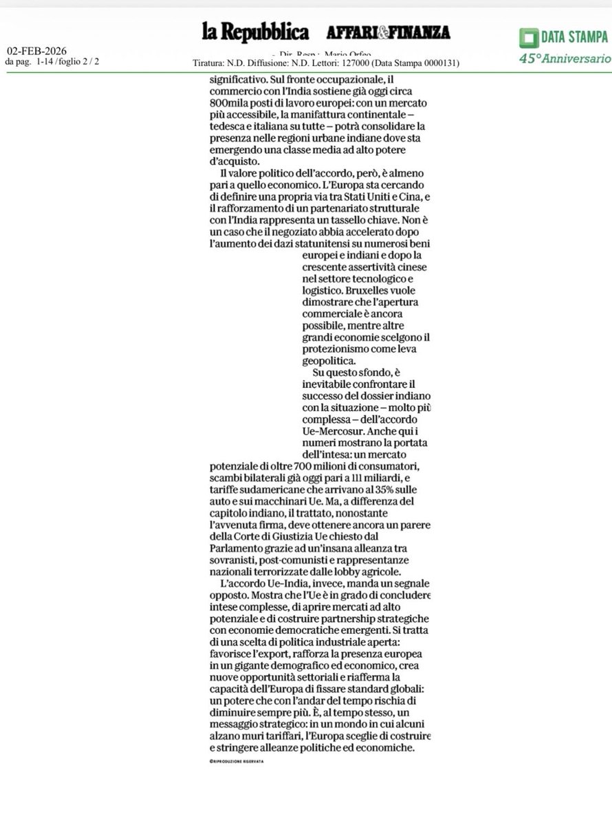 Le rare buone notizie: l’accordo UE-India cambia lo scenario e infatti 0 giorni dopo Trump si è precipitato a firmare il suo patto con New Delhi <a href="/AdamSmithIT/">Adam Smith Society</a> <a href="/fleinaudi/">Fondazione Luigi Einaudi</a> <a href="/Partito_Libdem/">Partito Liberaldemocratico</a> <a href="/IstLiberale/">Istituto Liberale</a> <a href="/liberinetwork/">Liberi Network</a> <a href="/GiampaoloGalli/">Giampaolo Galli</a> <a href="/VeroDeRomanis/">Veronica De Romanis</a> <a href="/CarloStagnaro/">Carlo Stagnaro 🏴󠁧󠁢󠁥󠁮󠁧󠁿🇺🇦</a> <a href="/MarcoCantamessa/">Marco Cantamessa</a>
