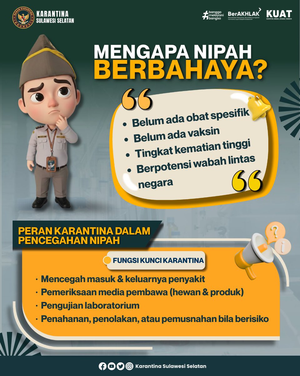 🦇⚠️🐖 Waspada Penyakit Nipah

Penyakit Nipah adalah penyakit zoonosis akibat virus Nipah yang dapat menular dari hewan ke manusia. Penyakit Nipah berdampak fatal pada kesehatan, dan berpotensi menyebar luas.