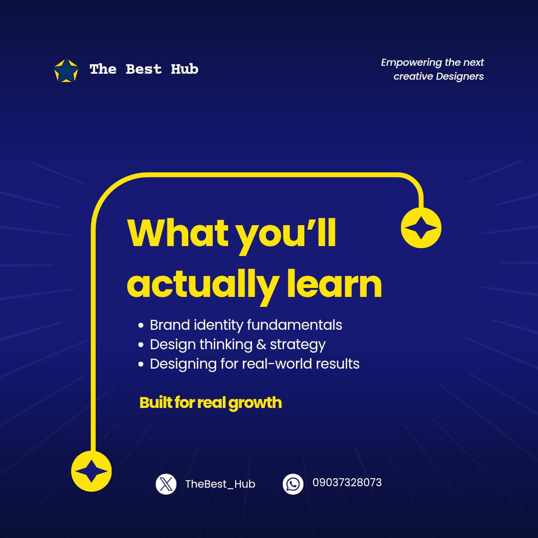 TheBest_Hub's tweet photo. Designing isn’t just about aesthetics, it’s about thinking, strategy, and results.
At The Best Hub, we don’t teach guesswork.
We teach structure, clarity, and real-world design skills that actually move your career forward.
Cohort opening soon
#TheBestHub
#DesignCohort https://t.co/sJ3Ca2fAq6