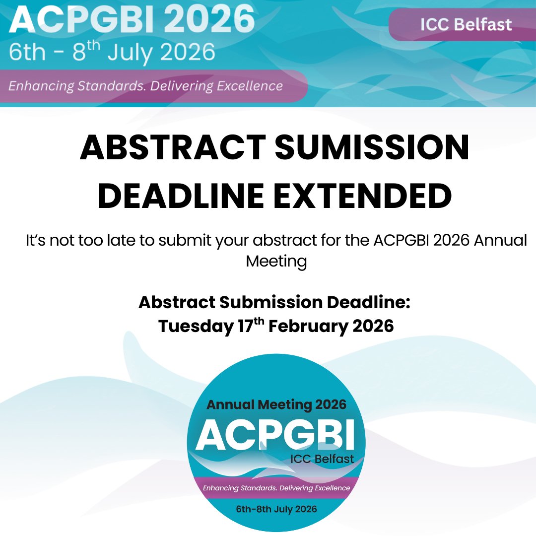 ACPGBI's tweet photo. 🚨 Exciting news! The #ACPGBI2026 abstract deadline is extended! 🎉
Calling all surgeons, trainees, nurses &amp; more to share your work &amp; shape the future of colorectal surgery in Belfast, 6–8 July 2026. 
Don’t miss out—submit now! 🩺✨
🔗https://t.co/j7mhGOl90z
#ColorectalSurgery https://t.co/9YDjAnwDYh